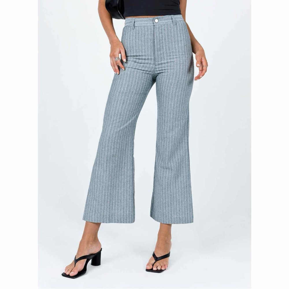 Princess Polly Rach Striped Linen Blend Flare Leg Crop Pants Teal Grey 8